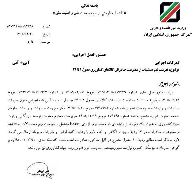صادرات ۱۳ محصول کشاورزی آزاد شد