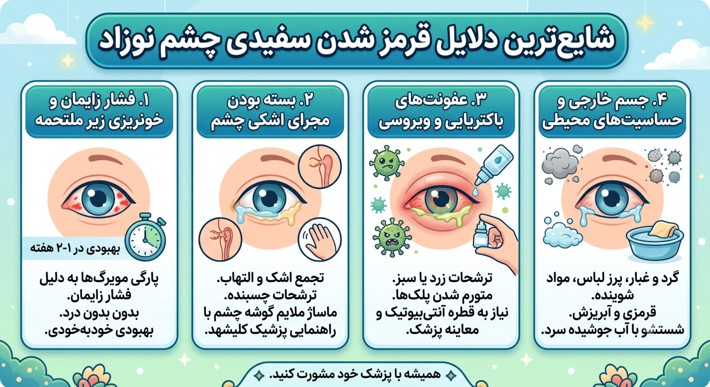 شایع ترین دلایل قرمز شدن سفیدی چشم نوزاد